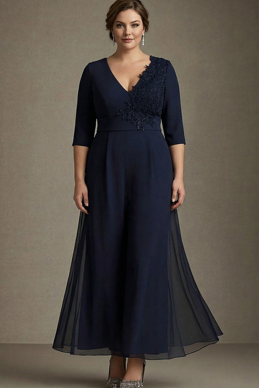 Navy A Line Plus Size Appliqued Mother of the Bride Dress