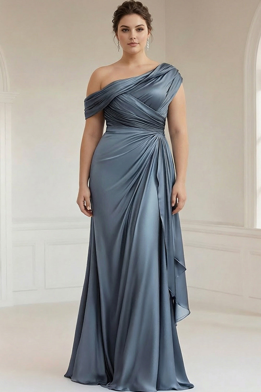 Grey Blue Plus Size One Shoulder Mother of the Bride Dress