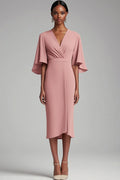 Chiffon Sheath V Neck Pink Midi Mother of the Bride Dress with Bell Sleeves