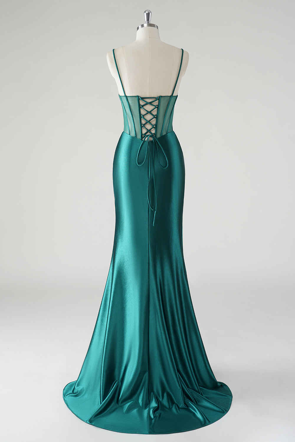 Dark Green Ruched Corset Satin Slit Mermaid Prom Dress with Lace-up Back