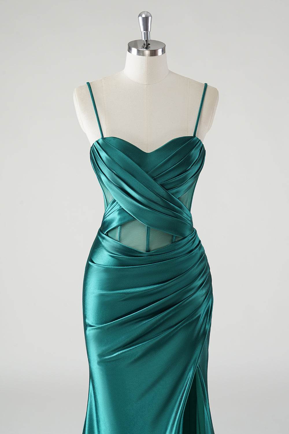 Dark Green Ruched Corset Satin Slit Mermaid Prom Dress with Lace-up Back