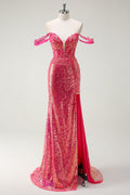 Sparkly Fuchsia Mermaid Sequined Off The Shoulder Prom Dress