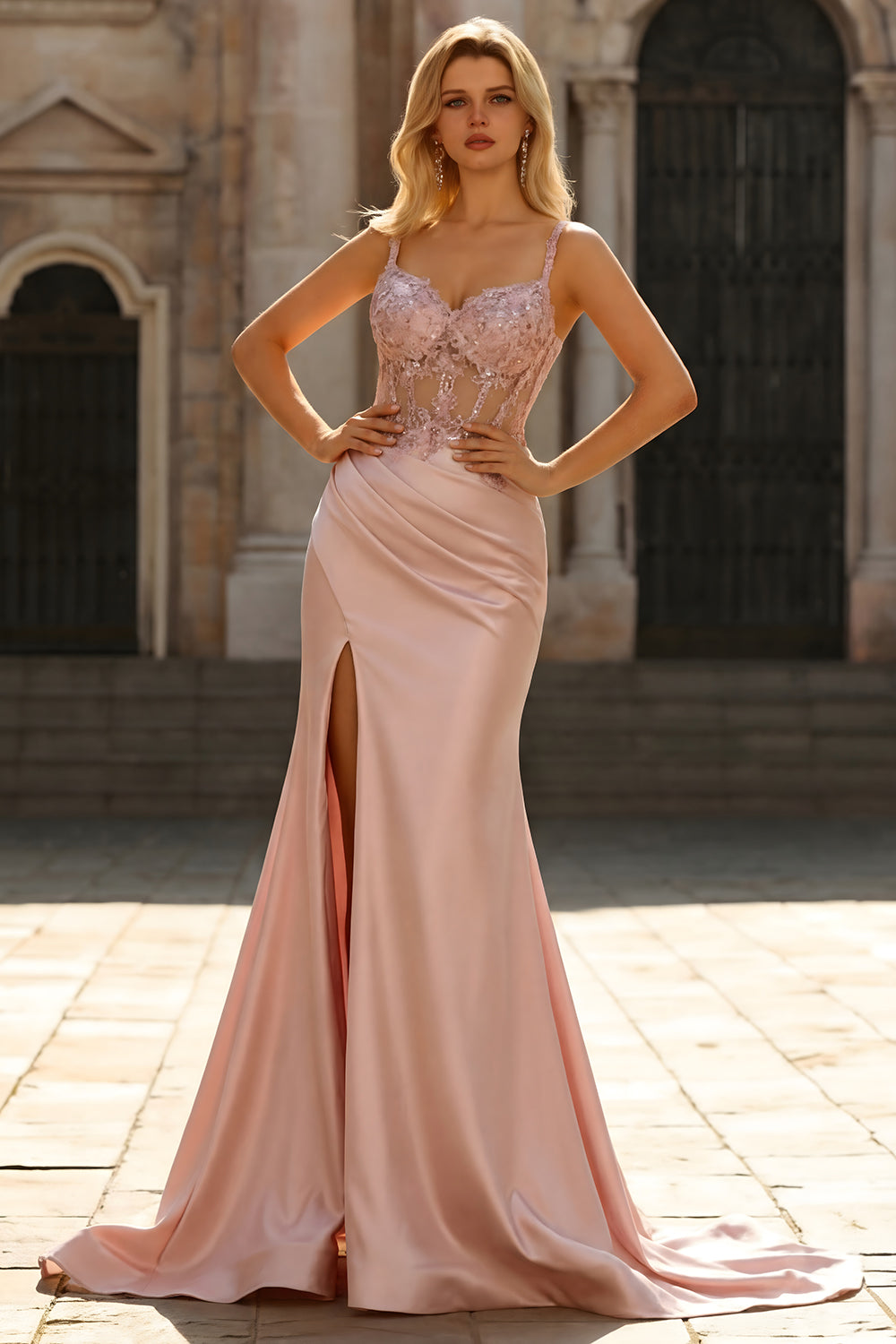 Mermaid Ruched Corset Satin Blush Prom Dress with Appliques
