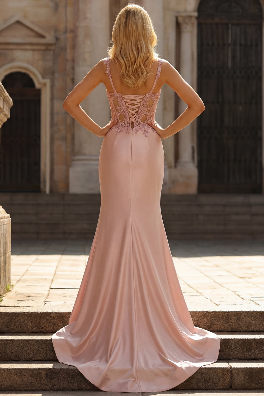 Mermaid Ruched Appliqued Corset Satin Grey Blue Prom Dress