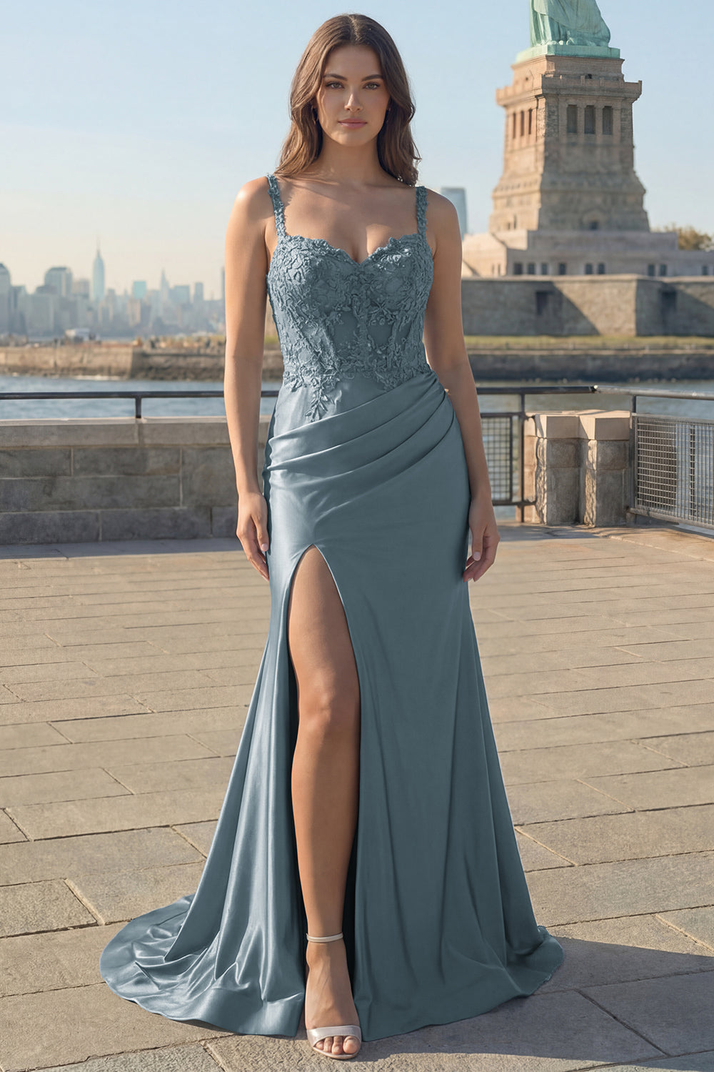 Mermaid Ruched Appliqued Corset Satin Grey Blue Prom Dress