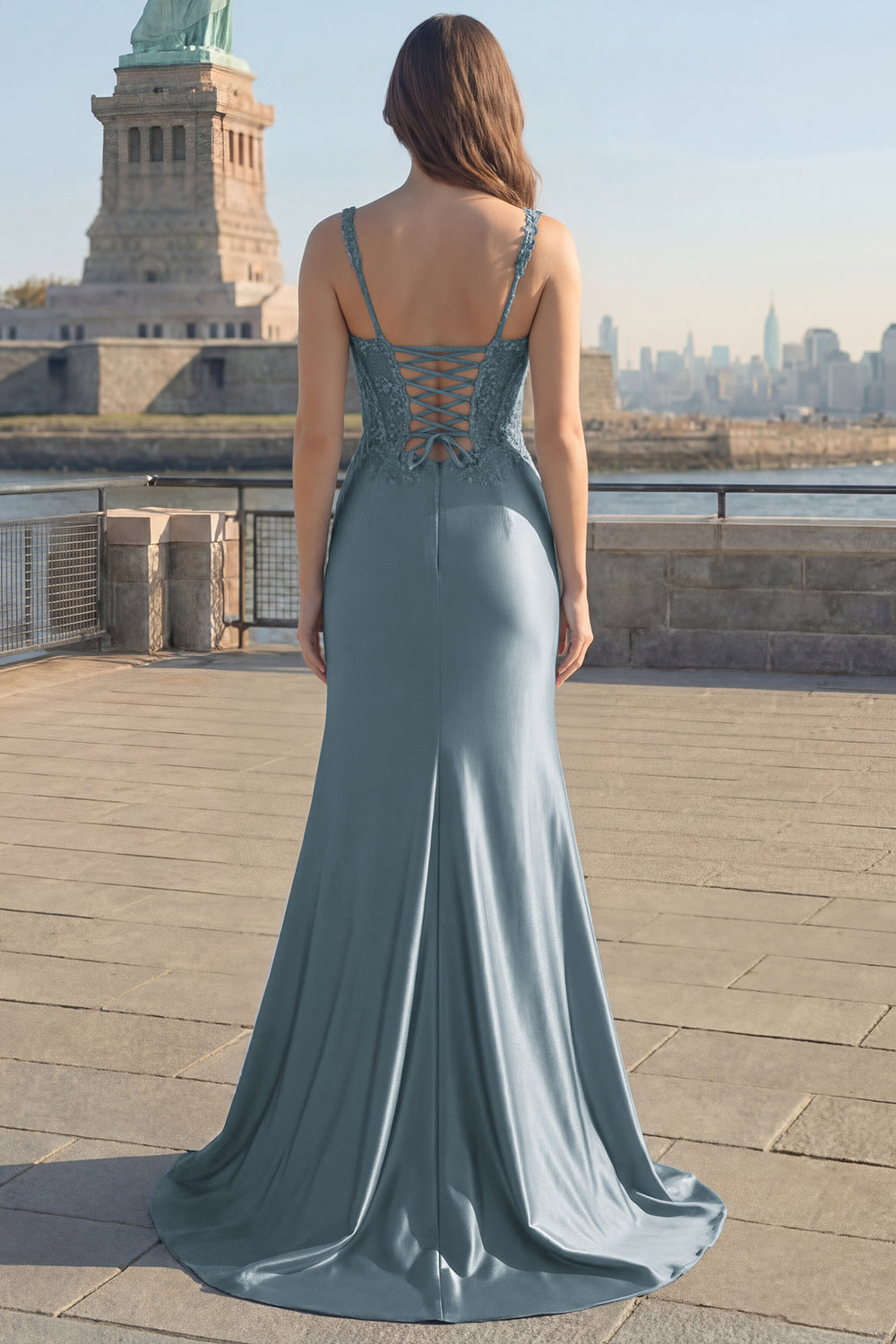 Mermaid Ruched Appliqued Corset Satin Grey Blue Prom Dress