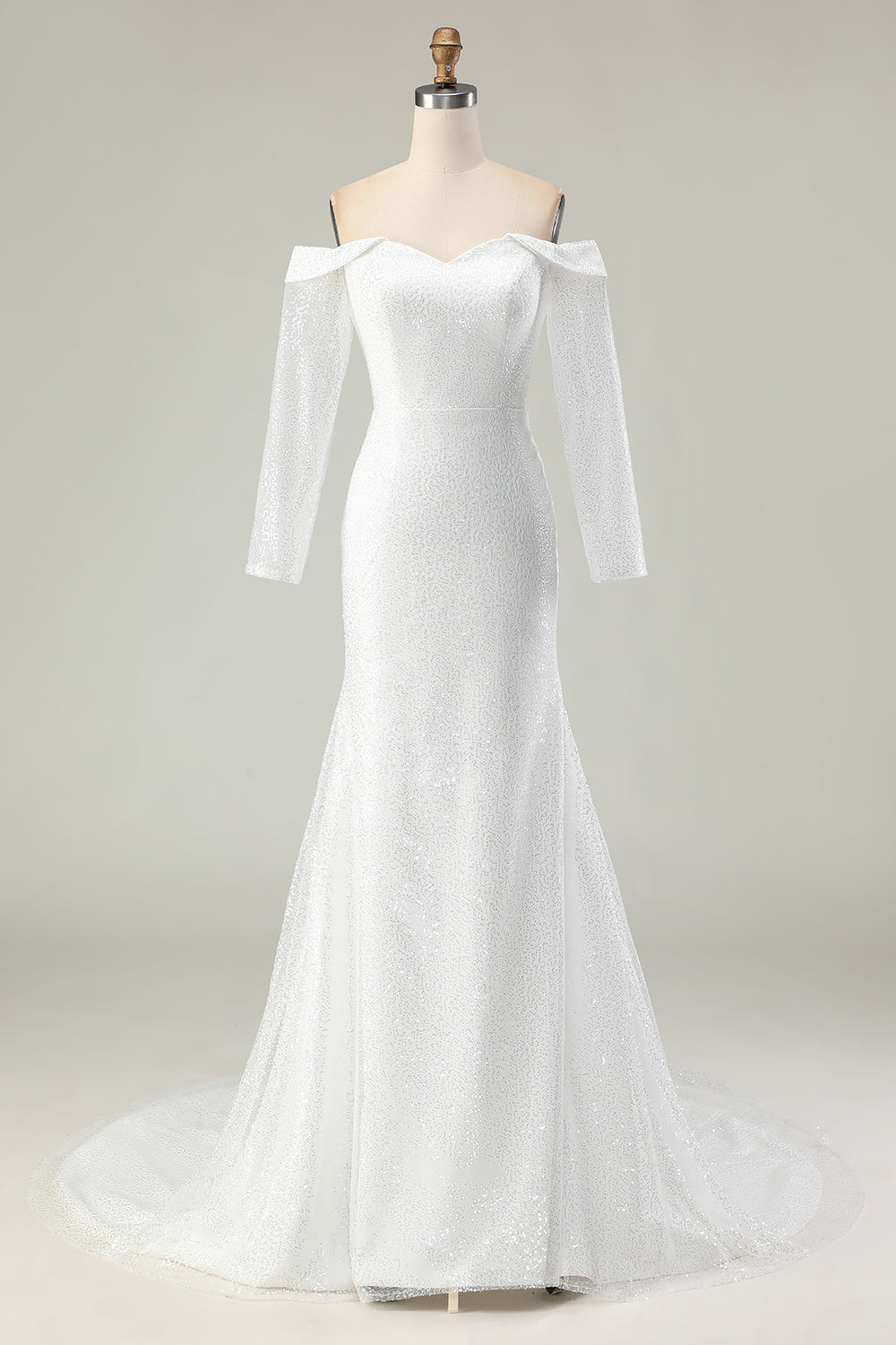Sparkly Ivory Off the Shoulder Mermaid Long Sleeve Wedding Dress