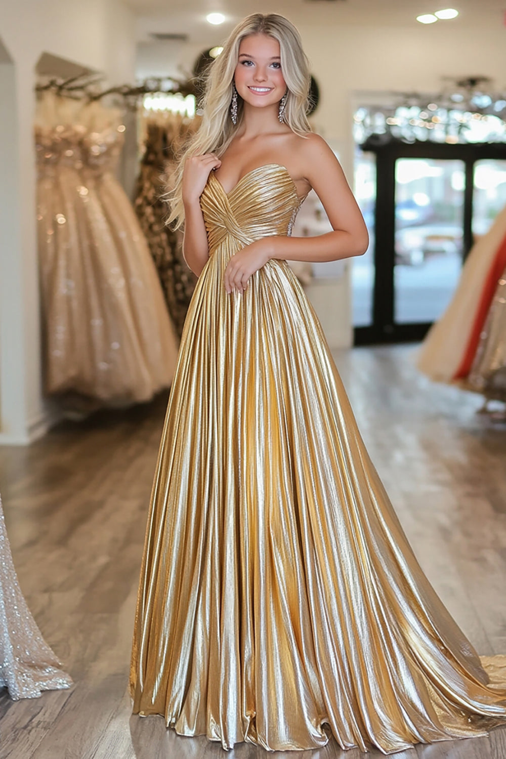 Gold Pleated A Line Metallic Satin Prom Dress