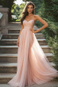 Blush Tulle A Line Pleated Sweetheart Prom Dress with Slit