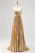 Gold Pleated A Line Metallic Satin Prom Dress