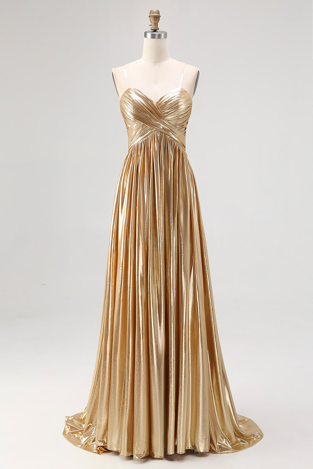 Gold Pleated A Line Metallic Satin Prom Dress