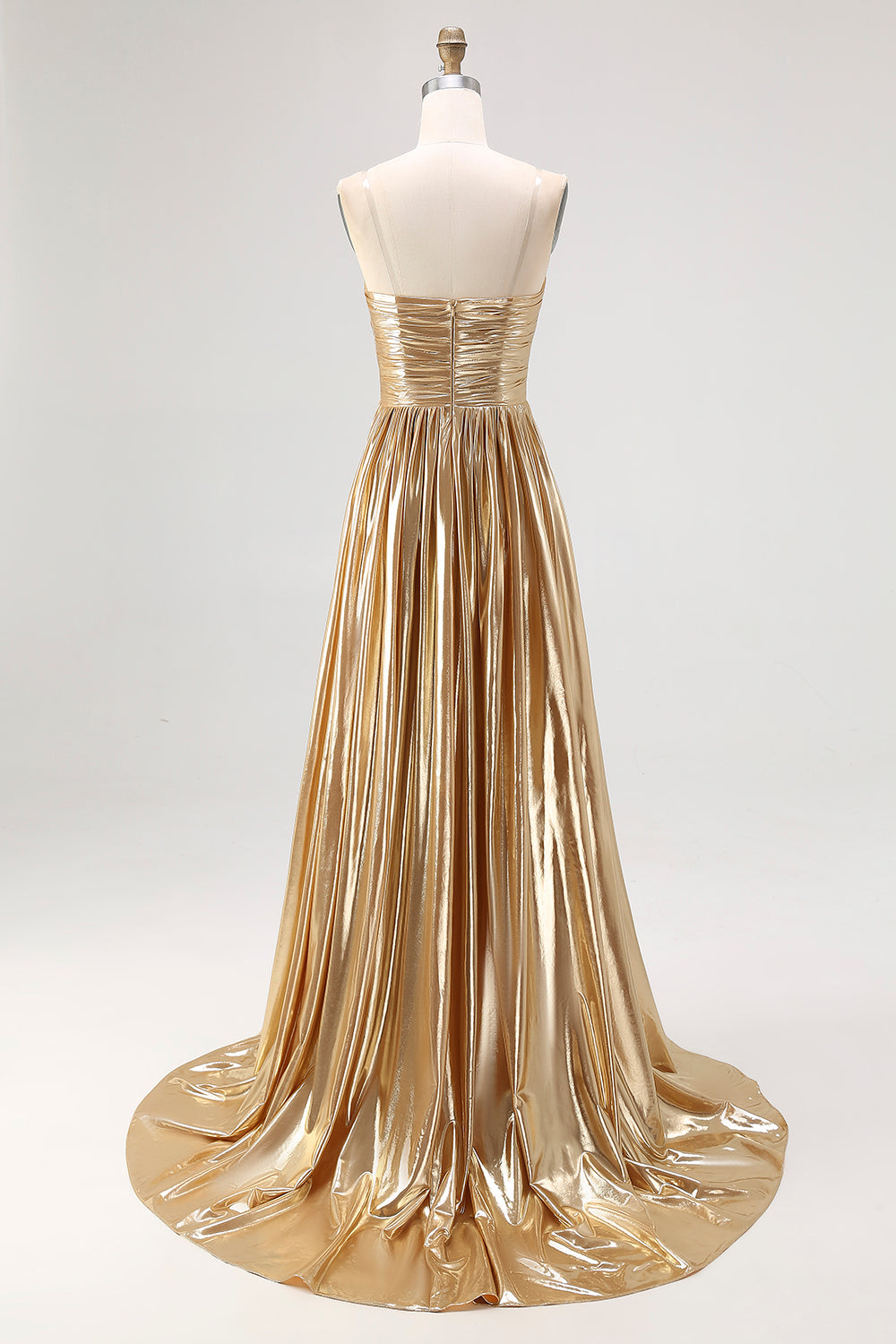 Gold Pleated A Line Metallic Satin Prom Dress