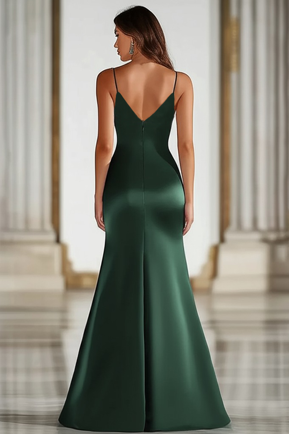 Dark Green Spaghetti Straps Mermaid Satin Long Formal Dress