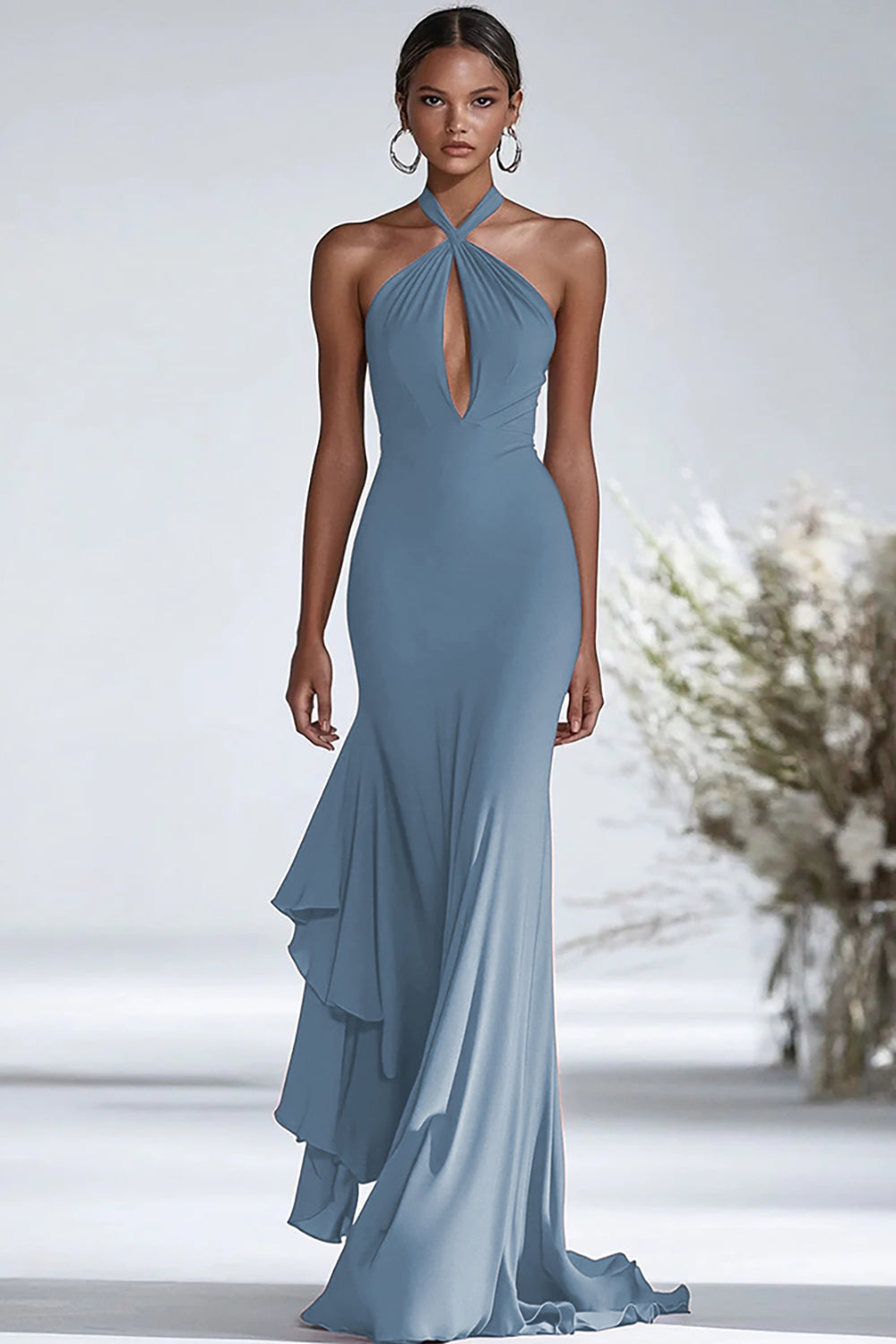 Halter Terracotta Chiffon Ruffles Sheath Red Gala Dress