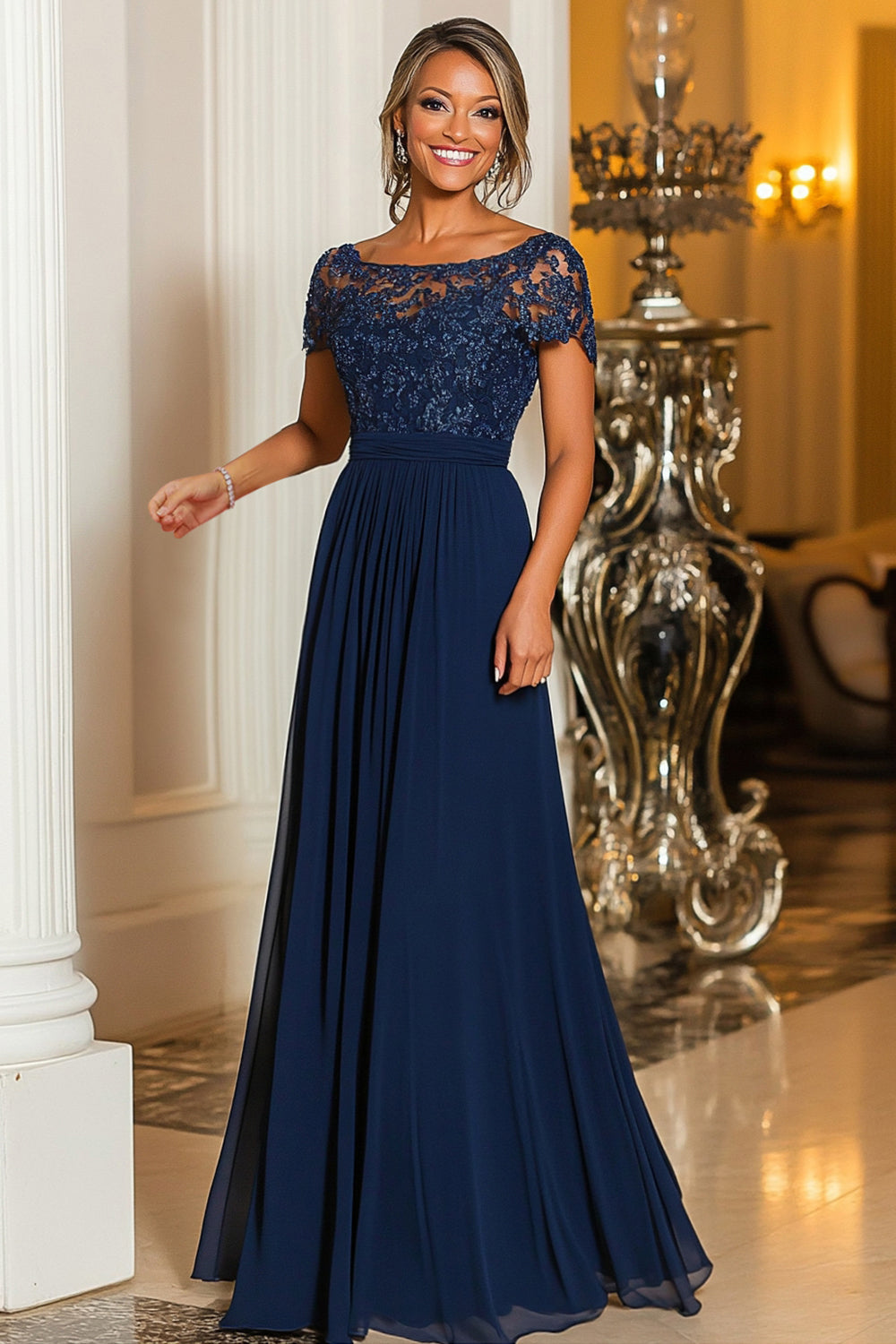 Chiffon A-Line Navy Mother Of the Bride Dress with Appliques