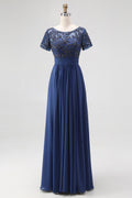 Chiffon A-Line Navy Mother Of the Bride Dress with Appliques