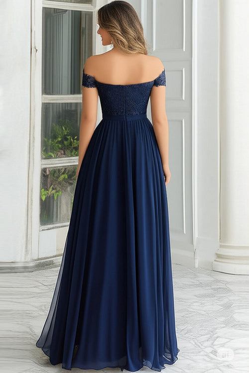 Elegant A-Line Navy Off the Shoulder Chiffon Long Mother Of the Bride Dress with Lace Appliques