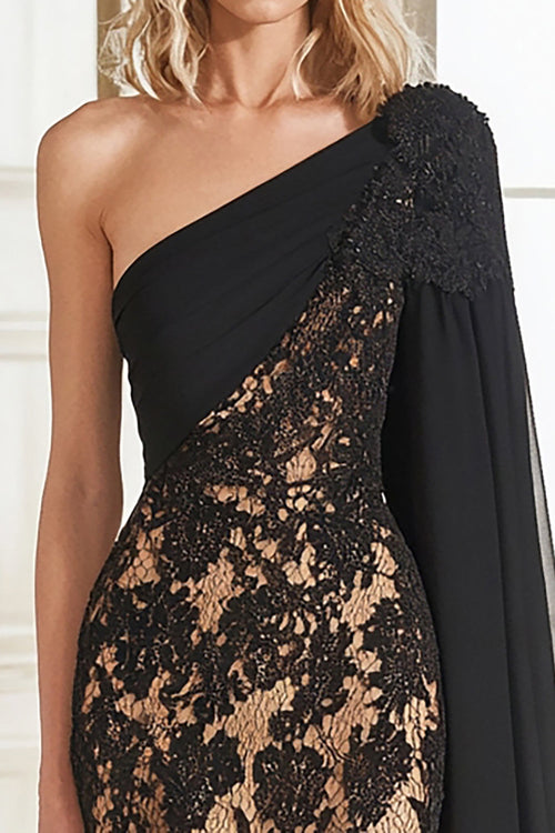 Lace Black One Shoulder Sheath Long Mother of the Bride Dress