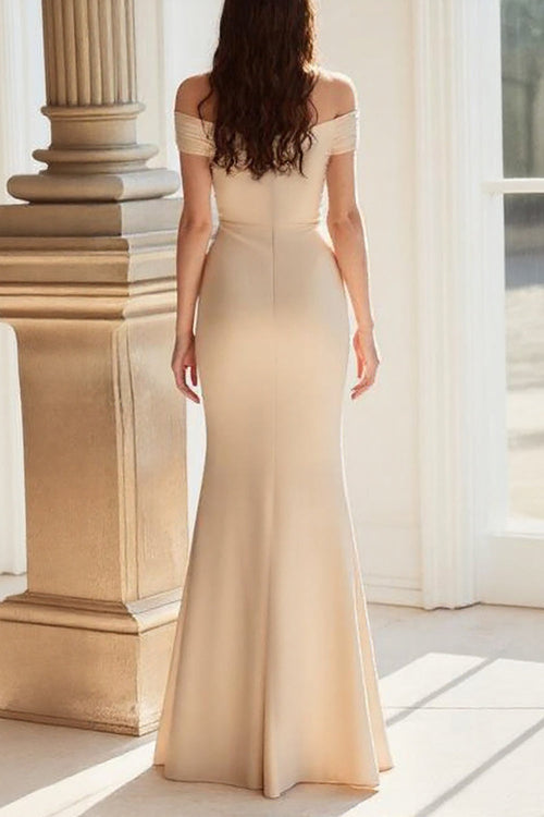 Champagne Off the Shoulder Sheath Mother of the Bride Dress with Appliques
