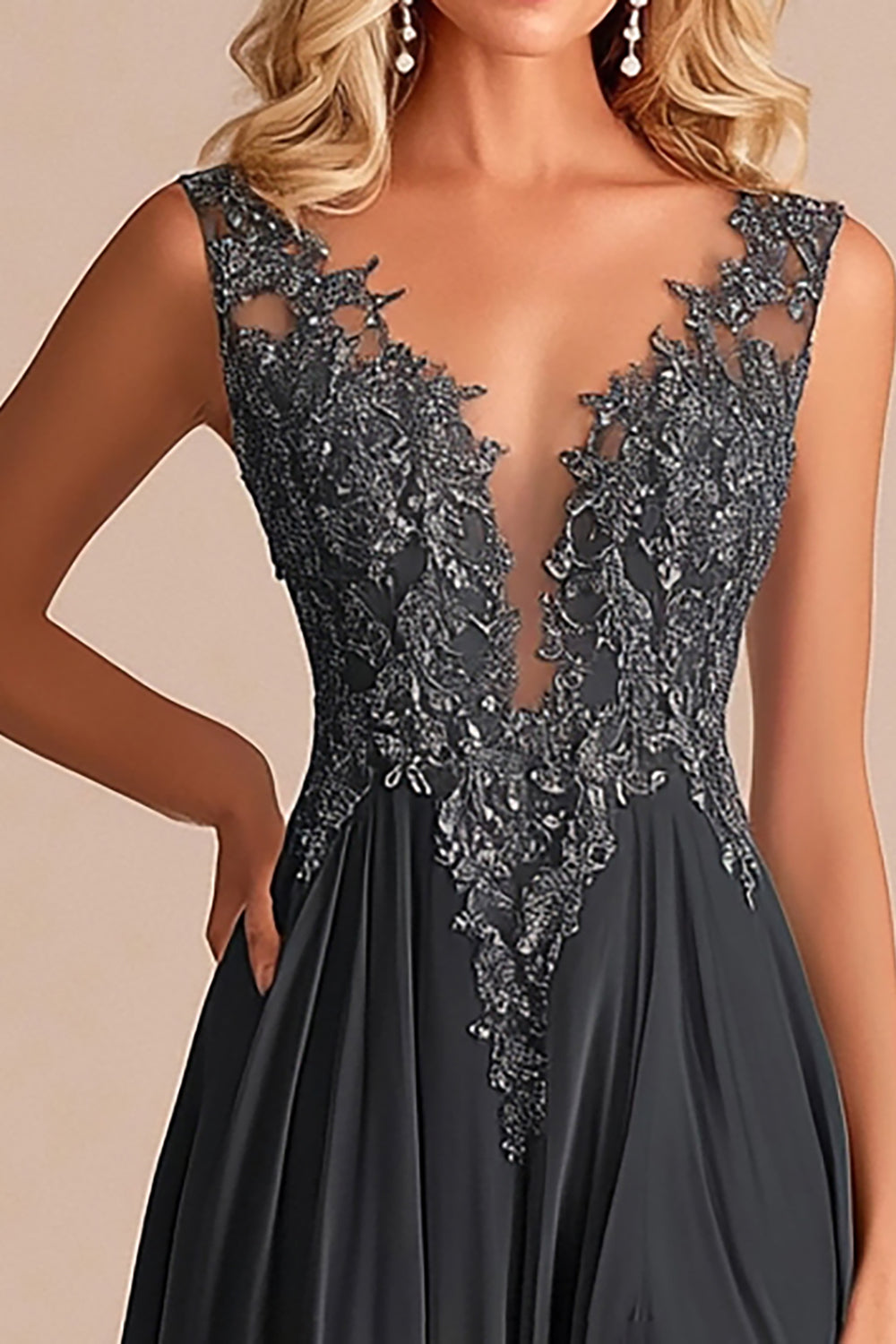 Charcoal A Line V-Neck Appliqued Mother of the Bride Dress with Slit