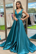 Peacock A Line V-Neck Appliqued Satin Prom Dress