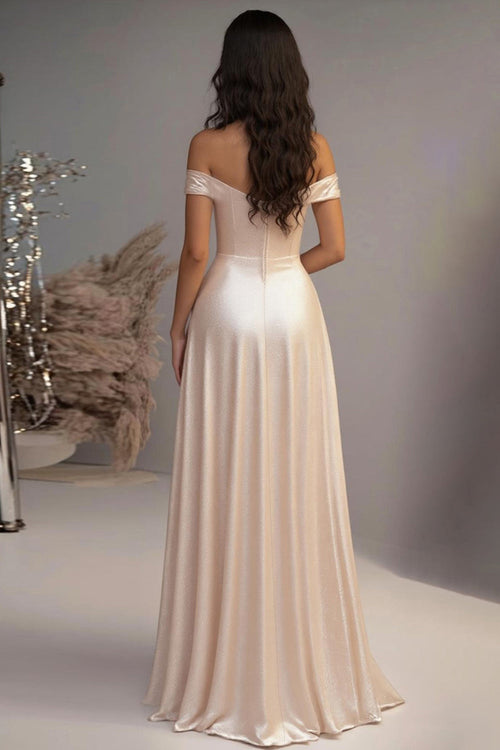 Elegant Champagne A-Line Off the Shoulder Satin Long Prom Dress
