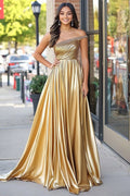 Sparkly Golden Metallic One Shoulder A Line Pleated Long Prom Dress