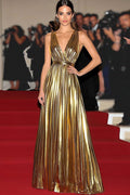 Chic Gold Metallic A Line Gala Dress with Belt
