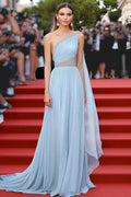 Elegant A Line Sky Blue Chiffon One Shoulder Gala Dress