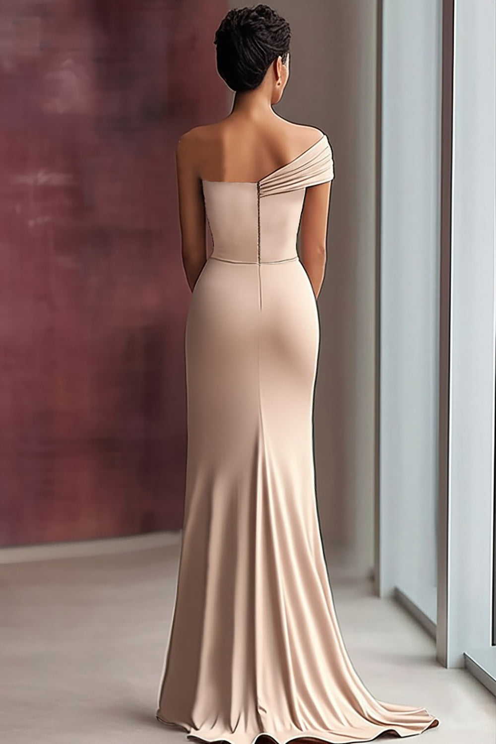 One Shoulder Light Khaki Sheath Pleated Formal Dress