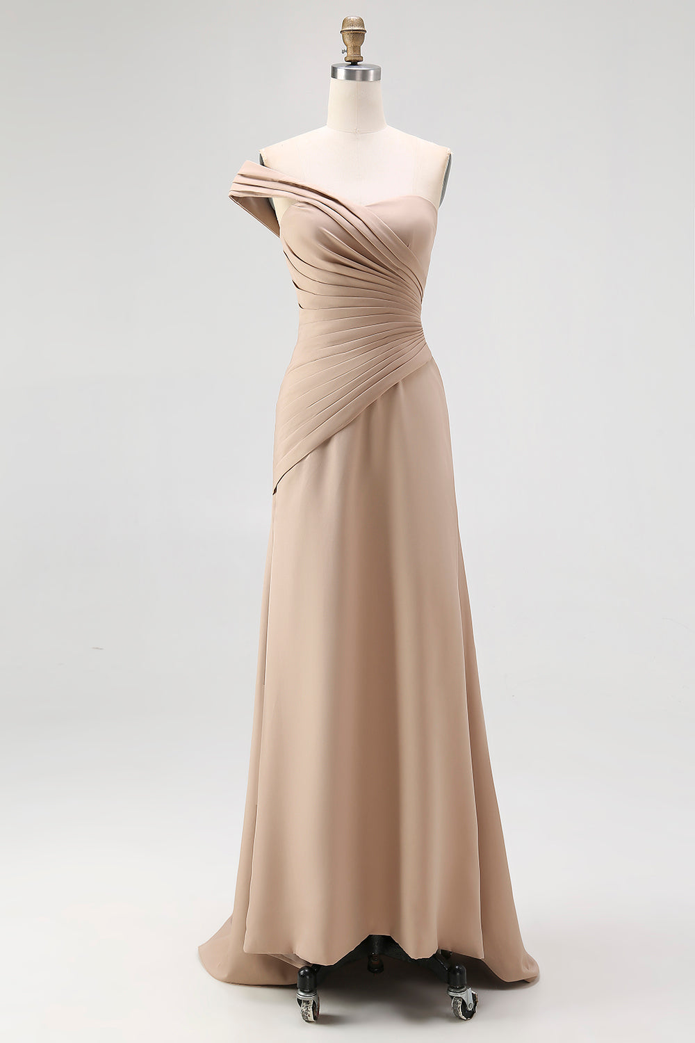 One Shoulder Light Khaki Sheath Pleated Formal Dress