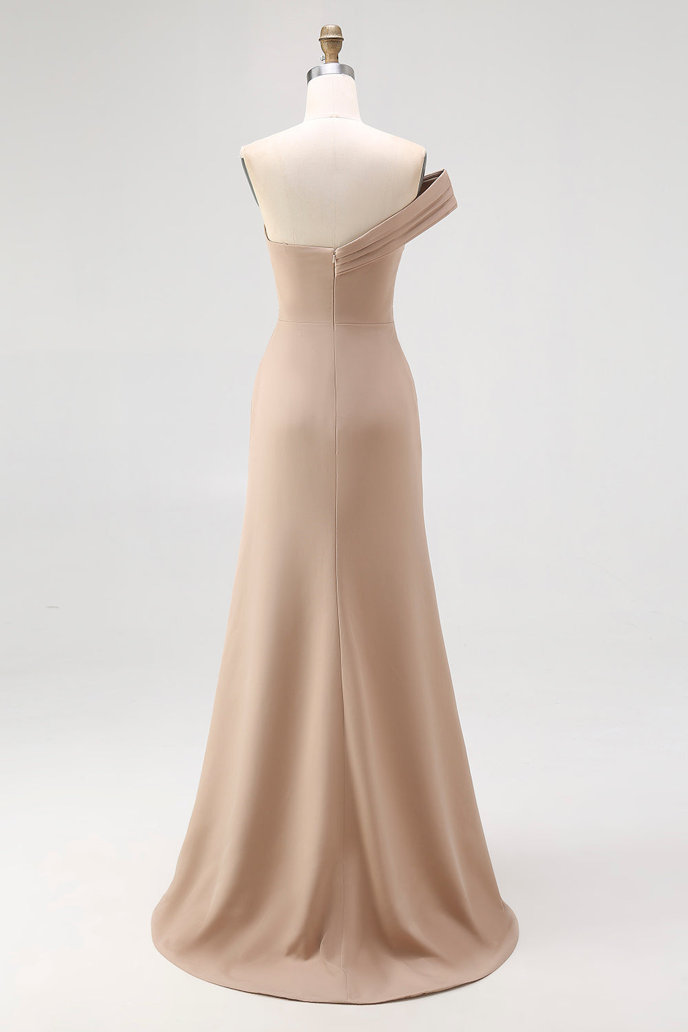 One Shoulder Light Khaki Sheath Pleated Formal Dress