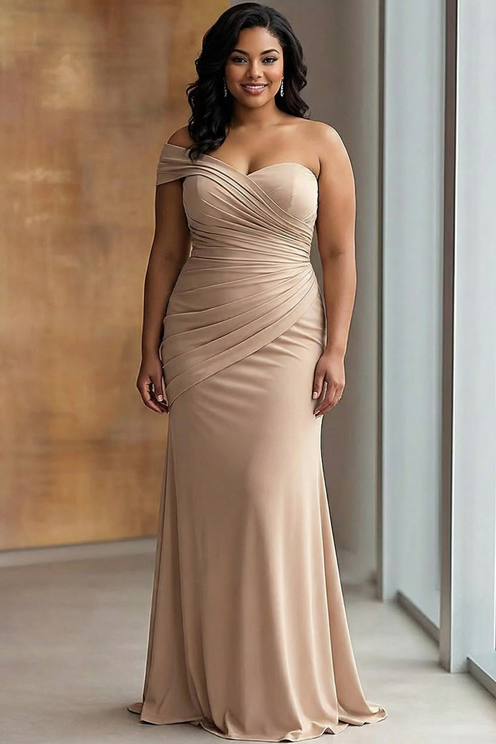 One Shoulder Light Khaki Sheath Ruched Plus Size Formal Dress