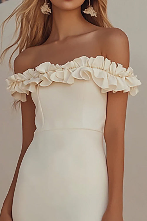 White Off The Shoulder Sheath Floor Length Wedding Dress