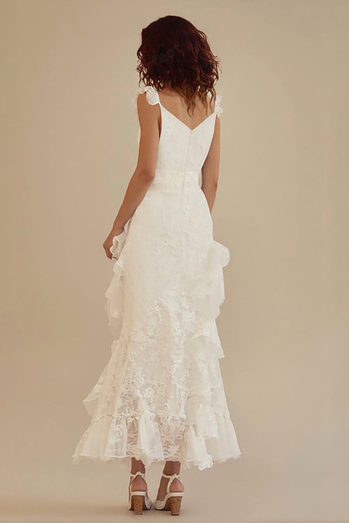 White V-neck A-Line Chiffon Ankle Length Little White Dress with Ruffles