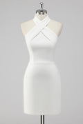 White Halter Short Tight Graduation Dress