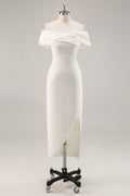 White Sheath Off the Shoulder Satin Engagement Dress