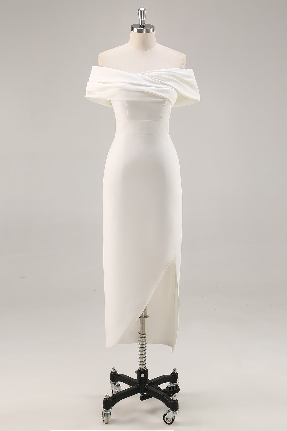 White Sheath Off the Shoulder Satin Engagement Dress