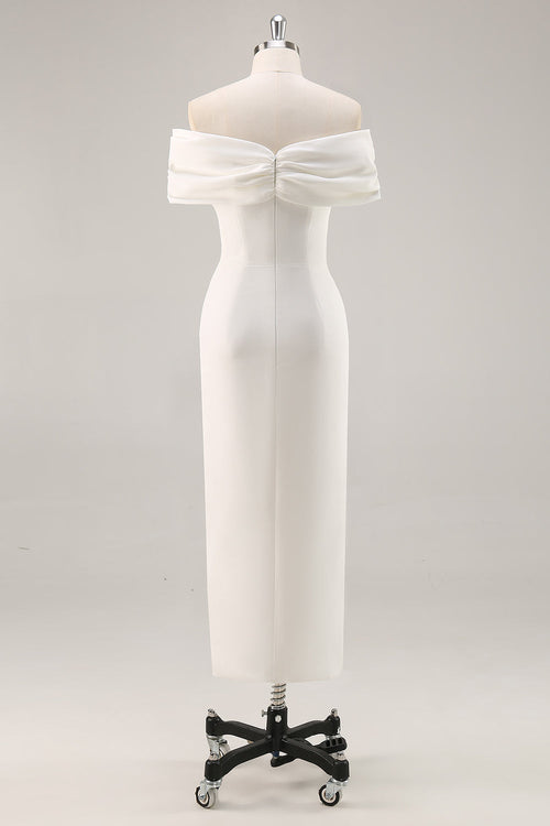White Sheath Off the Shoulder Satin Engagement Dress