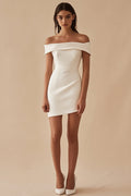 Satin White Off the Shoulder Sheath Short Graduation Dress