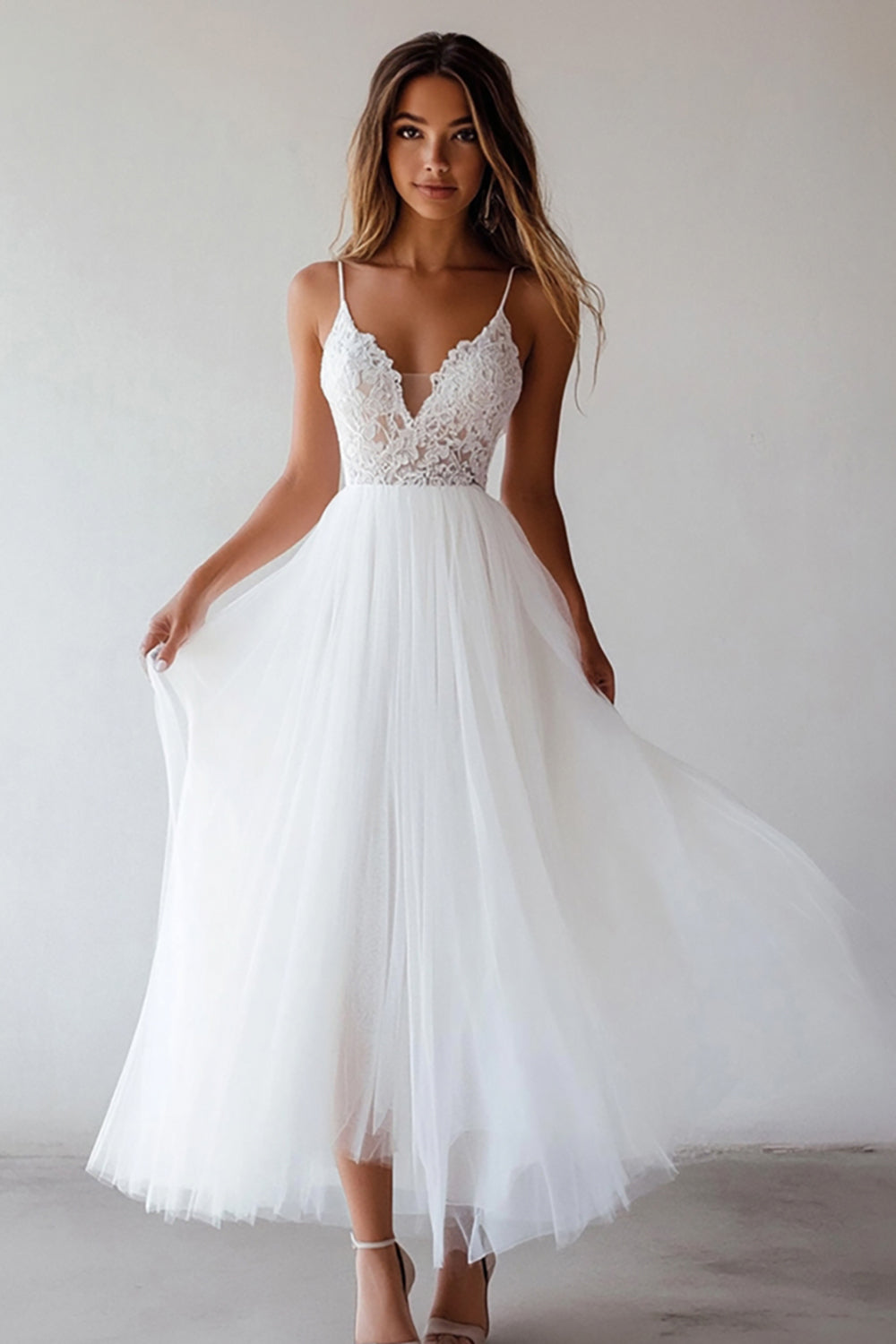 White A Line Spaghetti Straps Lace Engagement Dress