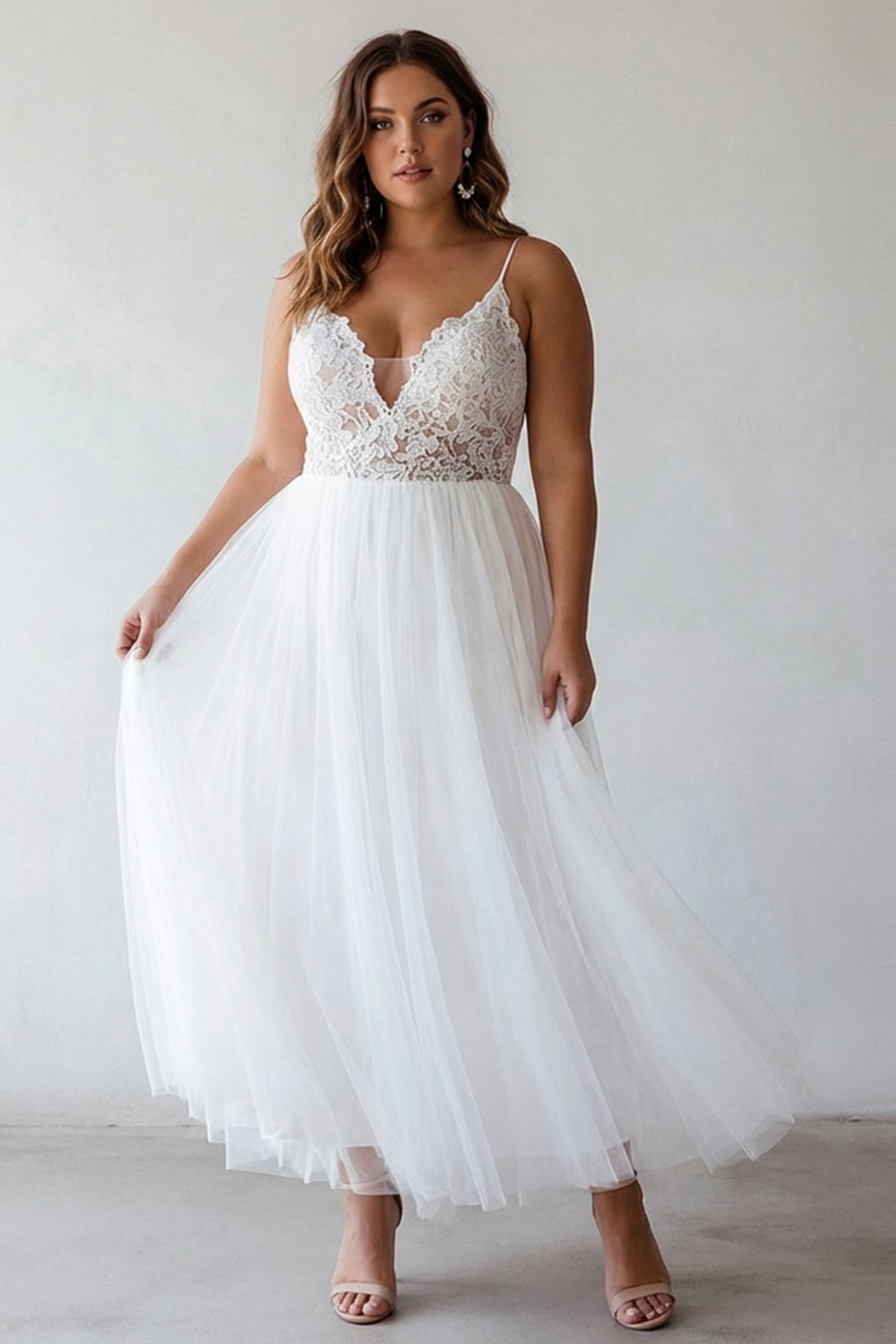 Lace White A Line Spaghetti Straps Plus Size Engagement Dress
