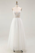 White A Line Spaghetti Straps Lace Engagement Dress