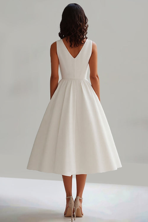 Satin A Line V Neck Midi Graduation Dress