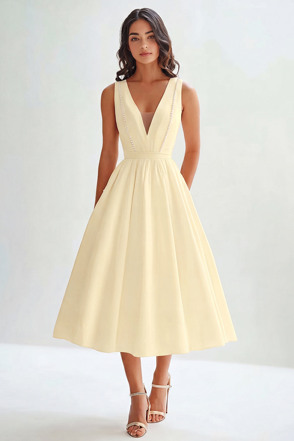 Satin A Line V Neck Midi Graduation Dress