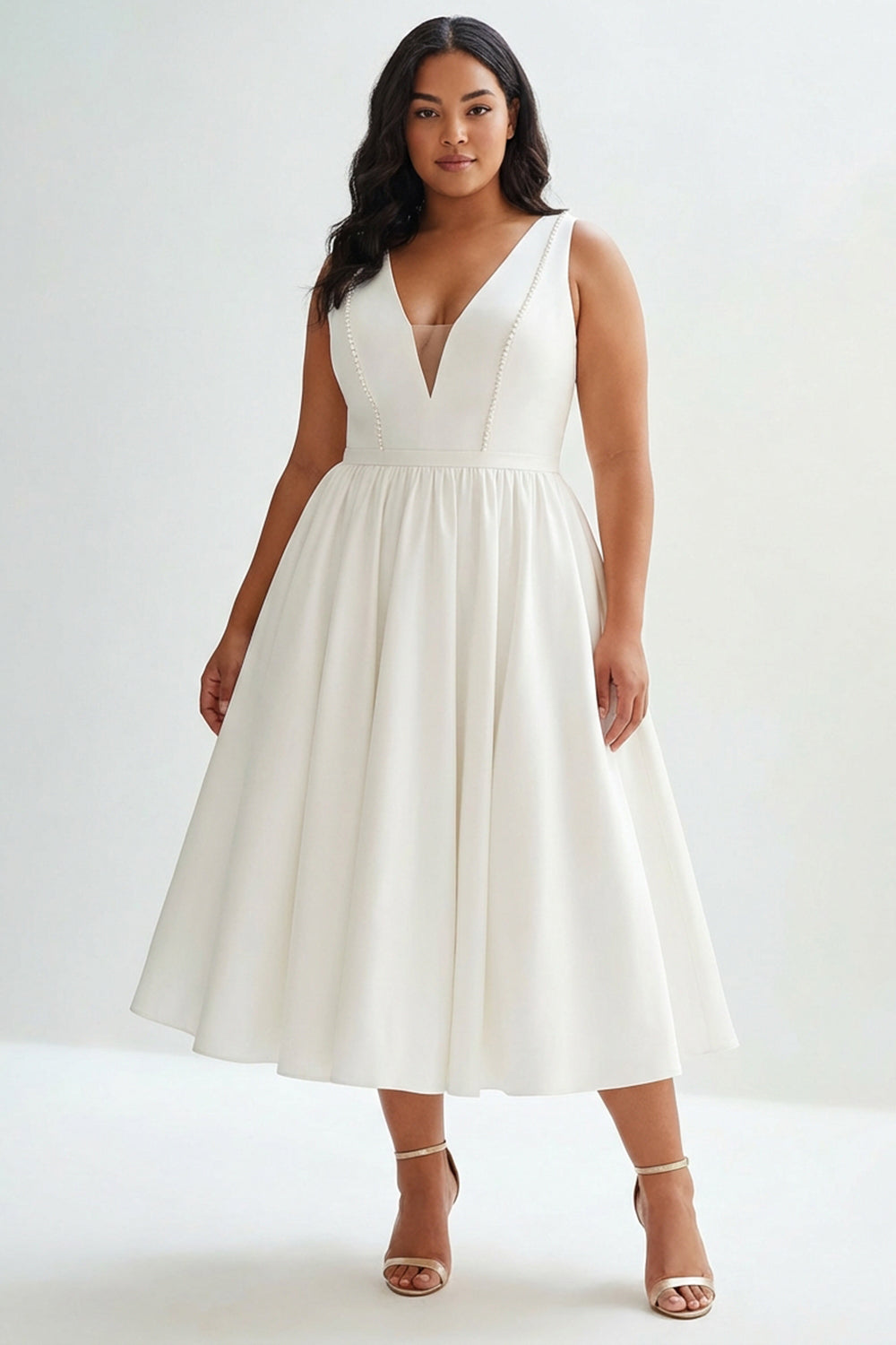 Elegant A Line White V Neck Plus Size Graduation Dress