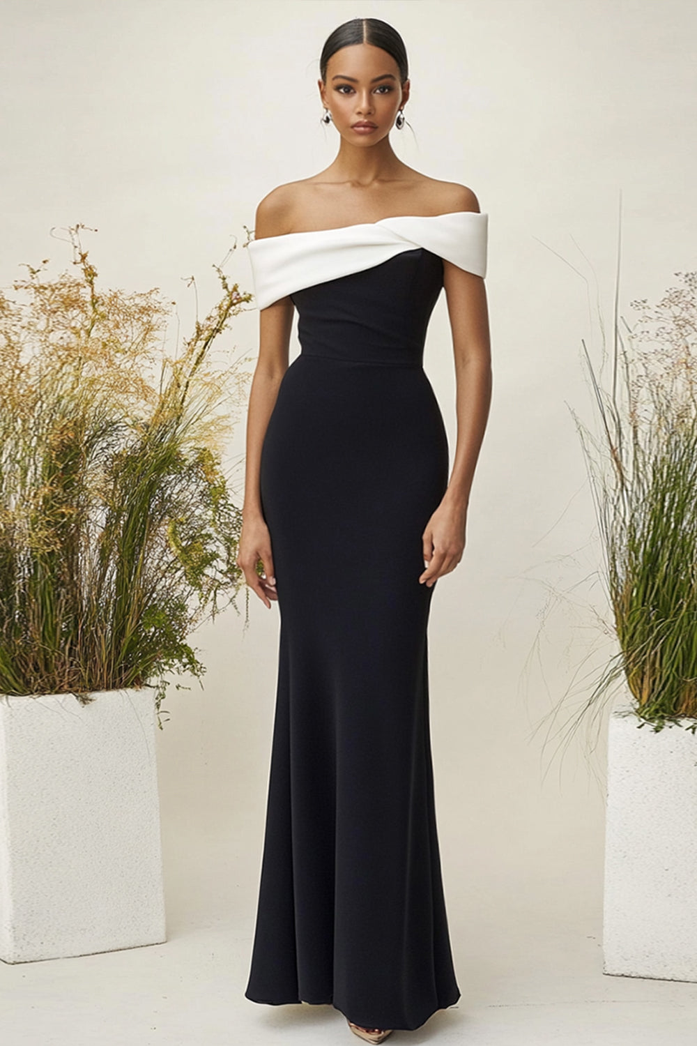 Off the Shoulder Black Matte Satin Mermaid Formal Dress