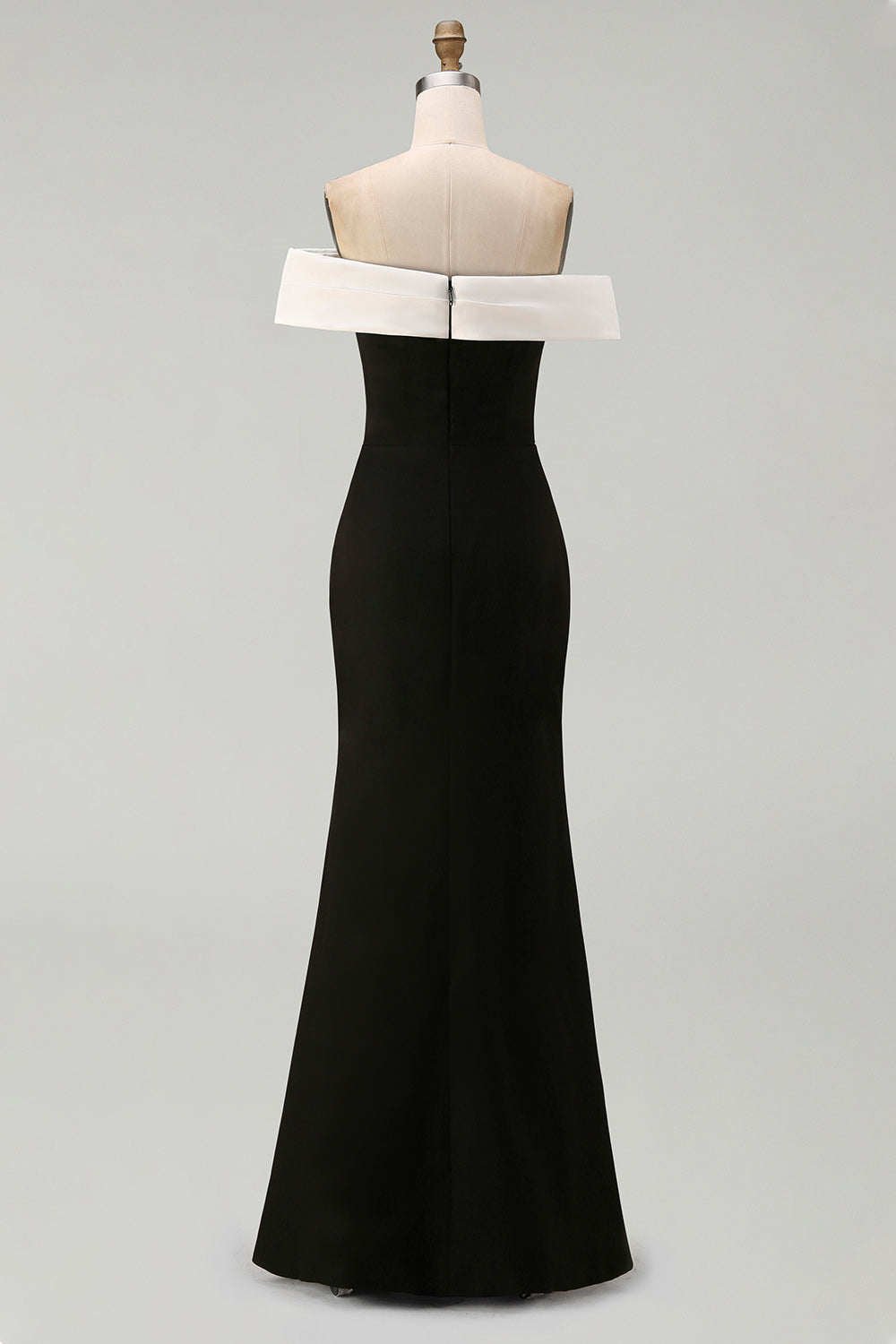 Off the Shoulder Black Matte Satin Mermaid Formal Dress