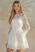 White Jewel Neck A Line Lace Long Sleeve Mini Dress