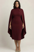 Burgundy High Neck Plus Size Midi Formal Dress With Shawl